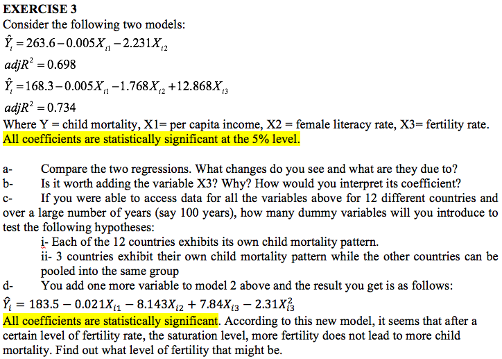Solved a- EXERCISE 3 Consider the following two models: Ỹ = | Chegg.com