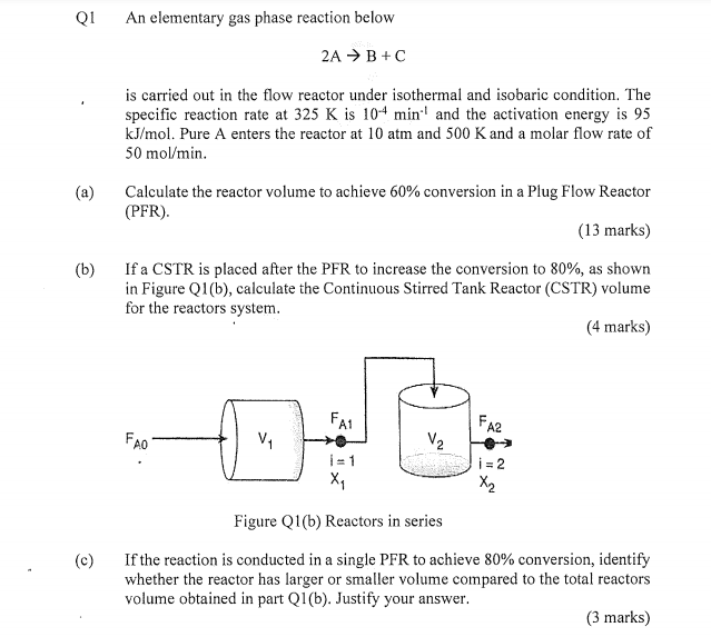 Solved Q1 An Elementary Gas Phase Reaction Below 2A → B+C Is | Chegg.com