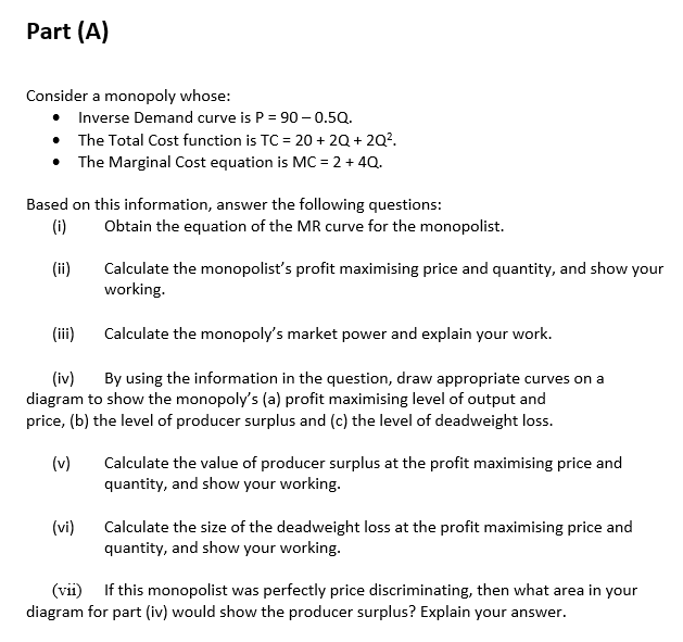 Solved Part (A) Consider a monopoly whose Inverse Demand