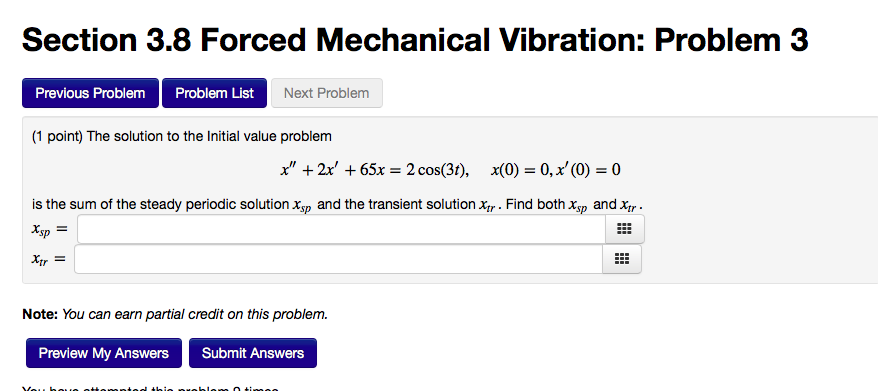 Solved Section 3.8 Forced Mechanical Vibration: Problem 3 | Chegg.com