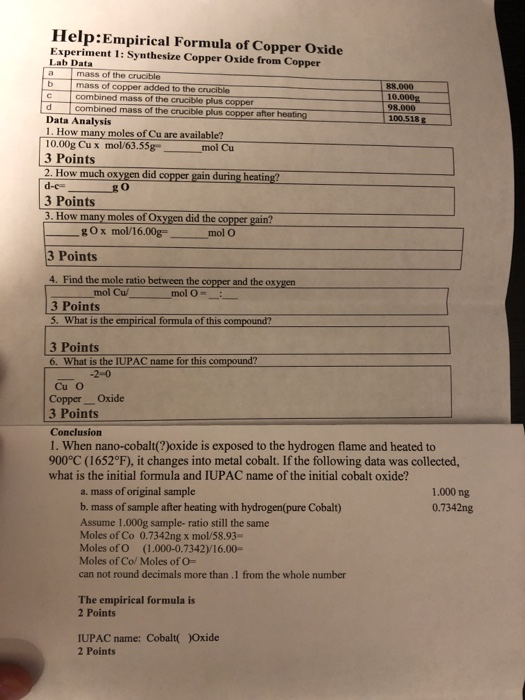 Solved: Help:Empirical Formula Of Copper Oxide Experiment ... | Chegg.com