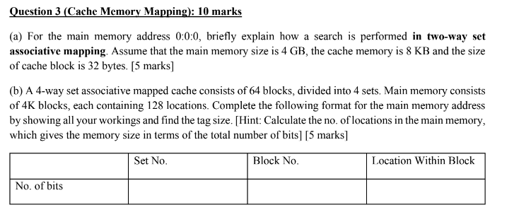Solved Question 3 (Cache Memory Mapping): 10 marks (a) For | Chegg.com