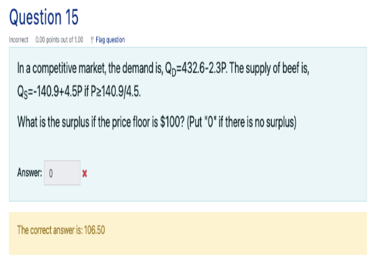 In a competitive market, the demand is, \( Q_{D}=432.6-2.3 P \). The supply of beef is, \( Q_{S}=-140.9+4.5 P \) if \( P \geq
