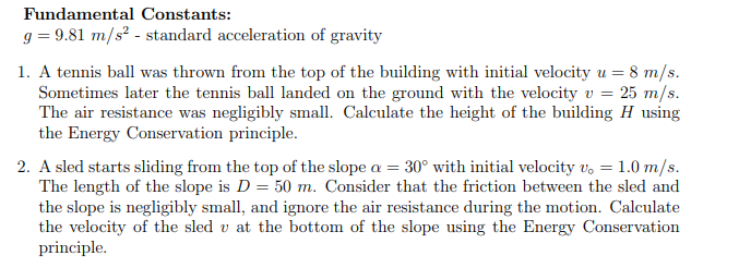 Solved Fundamental Constants: g=9.81 m/s2 - standard | Chegg.com