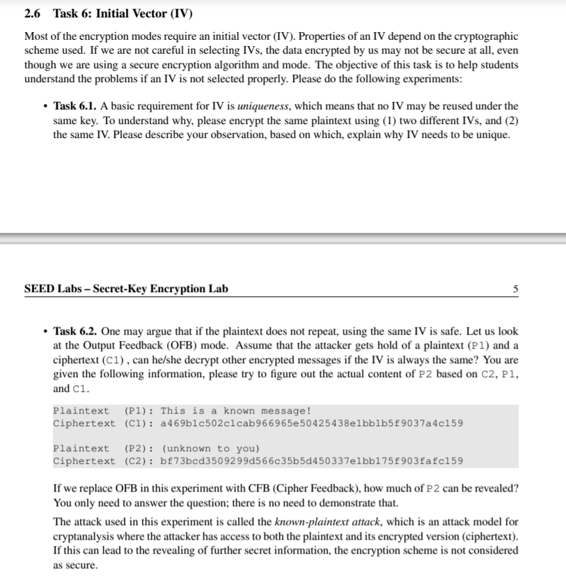 2.6 Task 6: Initial Vector (IV) Most of the | Chegg.com