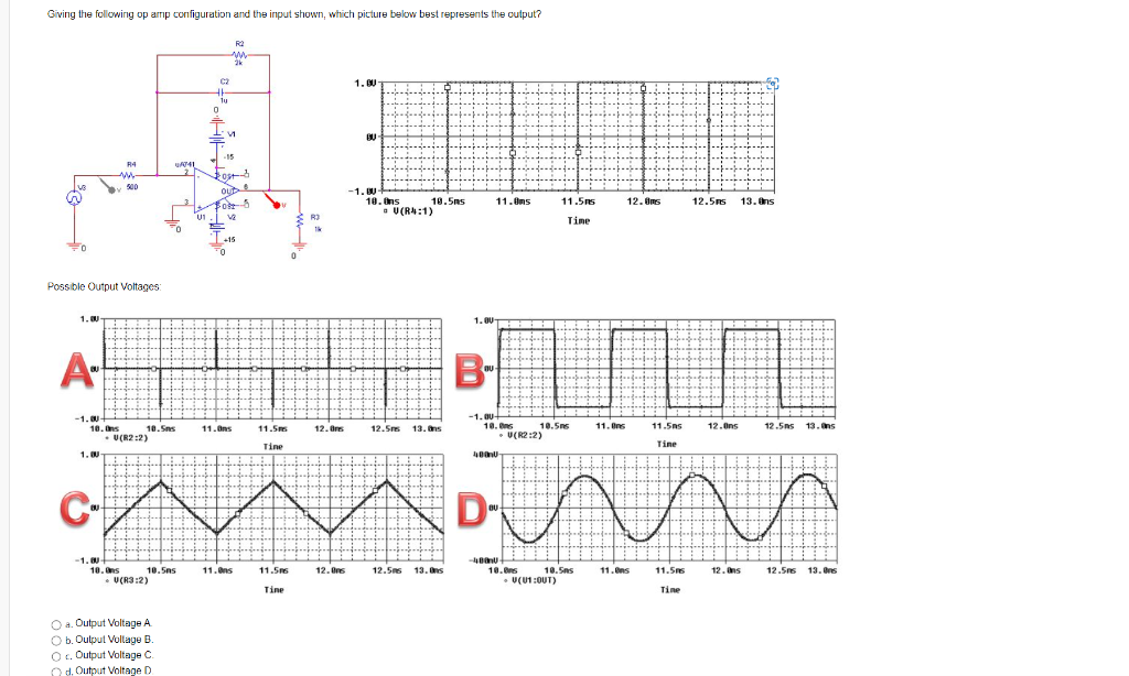 Giving the following op amp configuration and the input shown, which picture below best represents the output?
Fo
Possible Ou