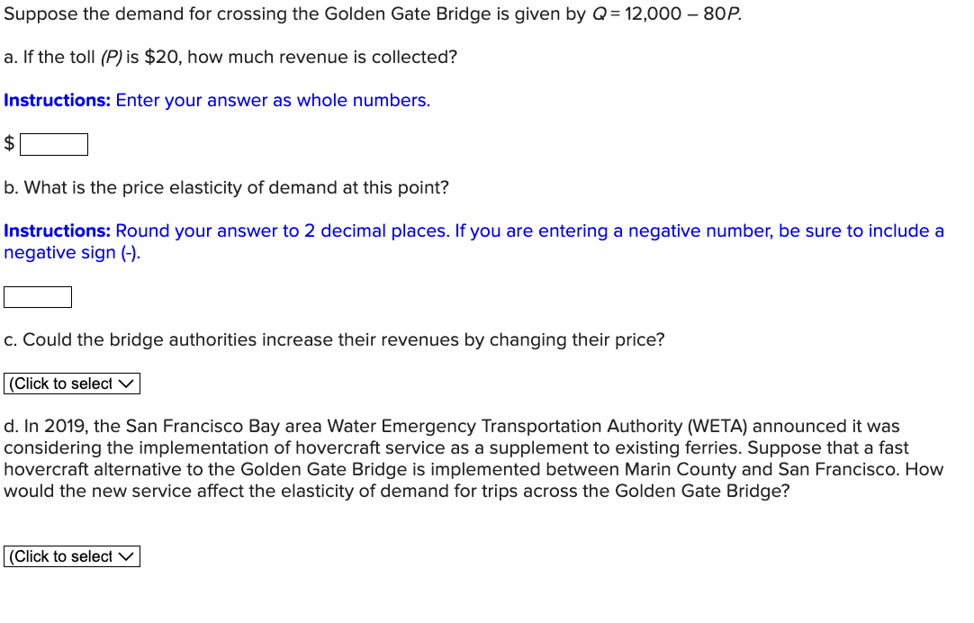 Suppose the demand for crossing the Golden Gate | Chegg.com
