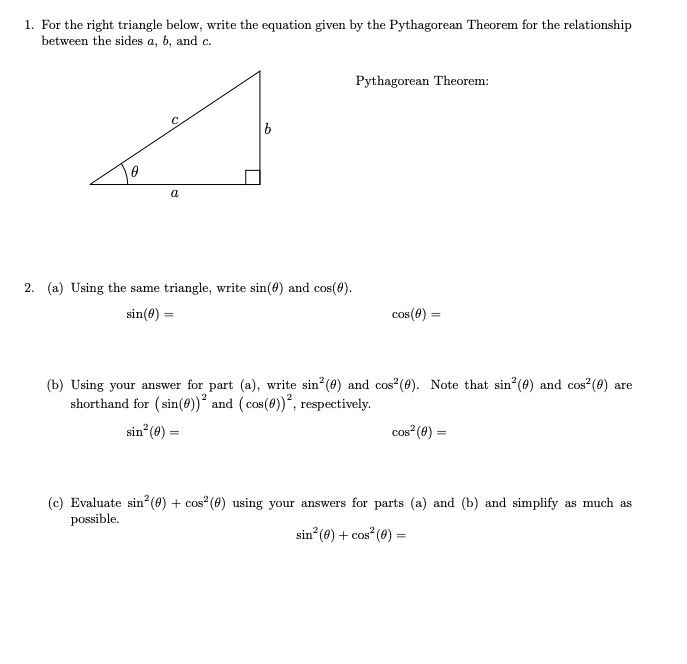 Solved 1. For the right triangle below, write the equation | Chegg.com