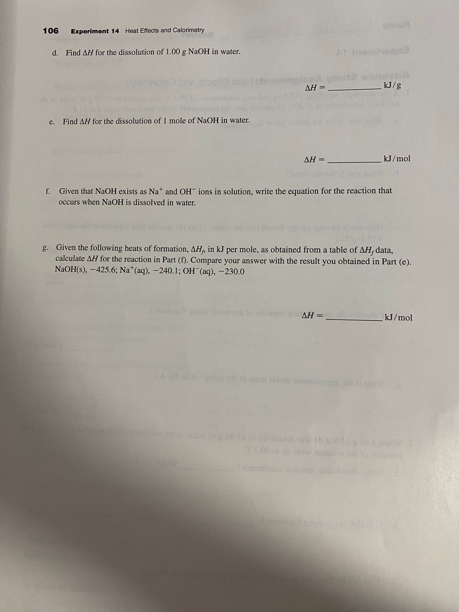 106 Experiment 14 Heat Effects and Calorimetry d.