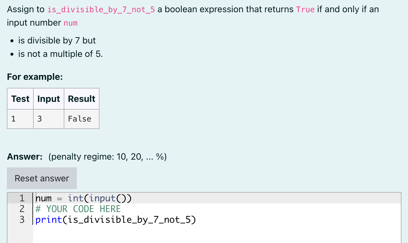 Solved Assign to is_divisible_by_7_not_5 a boolean | Chegg.com