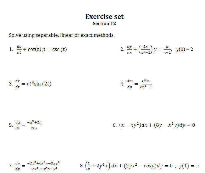 Solved Exercise set Section 12 Solve using separable, linear | Chegg.com