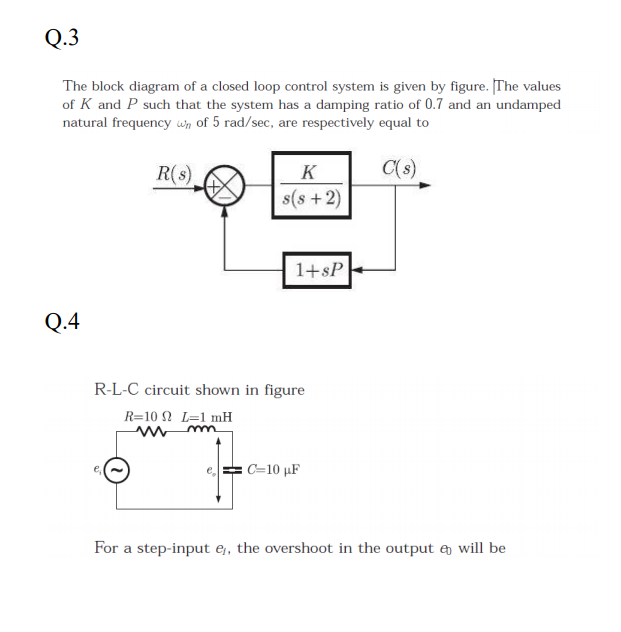 Solved Q.3 The block diagram of a closed loop control system | Chegg.com