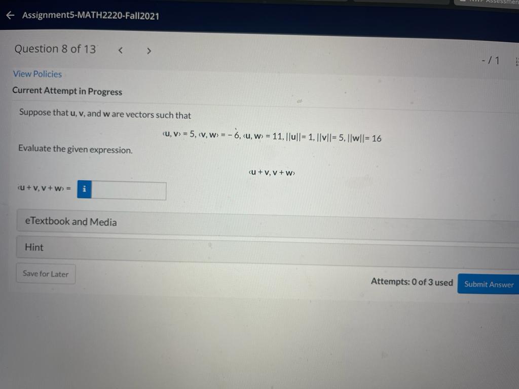Solved Assignment5-MATH2220-Fall2021 Question 8 of 13 -11 | Chegg.com