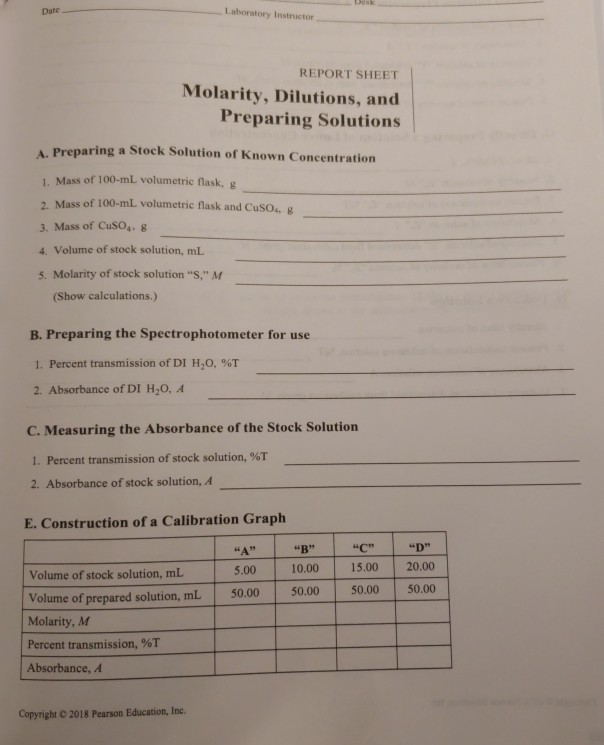 Date Laboratory Instructor REPORT SHEET Molarity,
