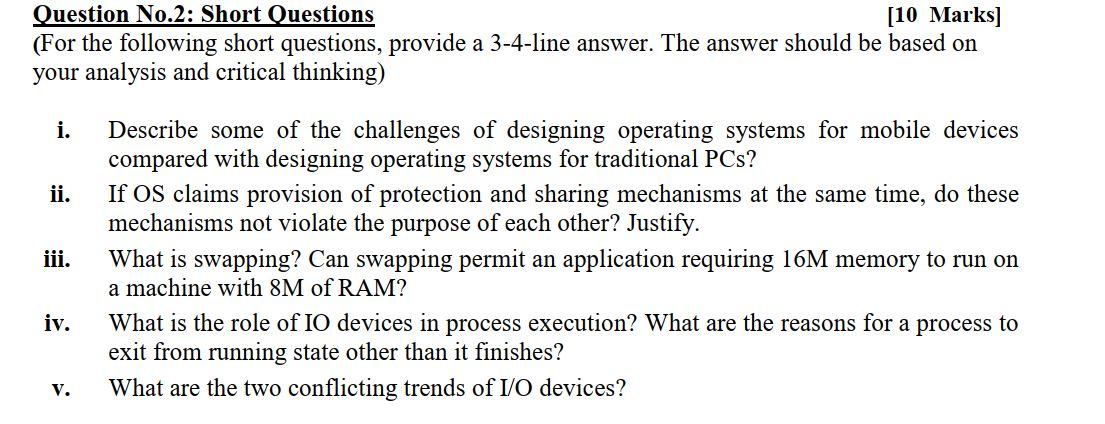 Solved Question No.2: Short Questions [10 Marks] (For the | Chegg.com