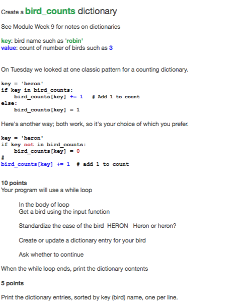 Python Bird Counter Program Solved Create a bird_counts dictionary See Module Week 9 for | Chegg.com