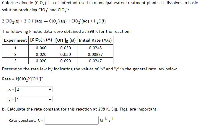 Chlorine dioxide \( \left(\mathrm{ClO}_{2}\right) \) is a disinfectant used in municipal water treatment plants. It dissolves