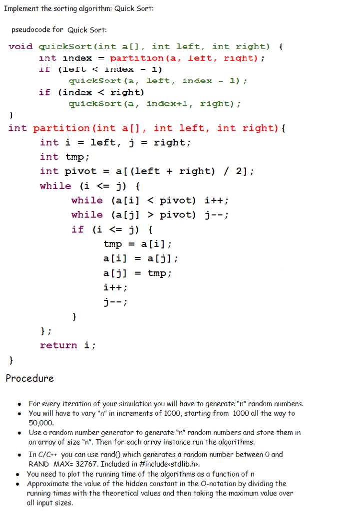 Implement The Sorting Algorithm Quick Sort Chegg Com