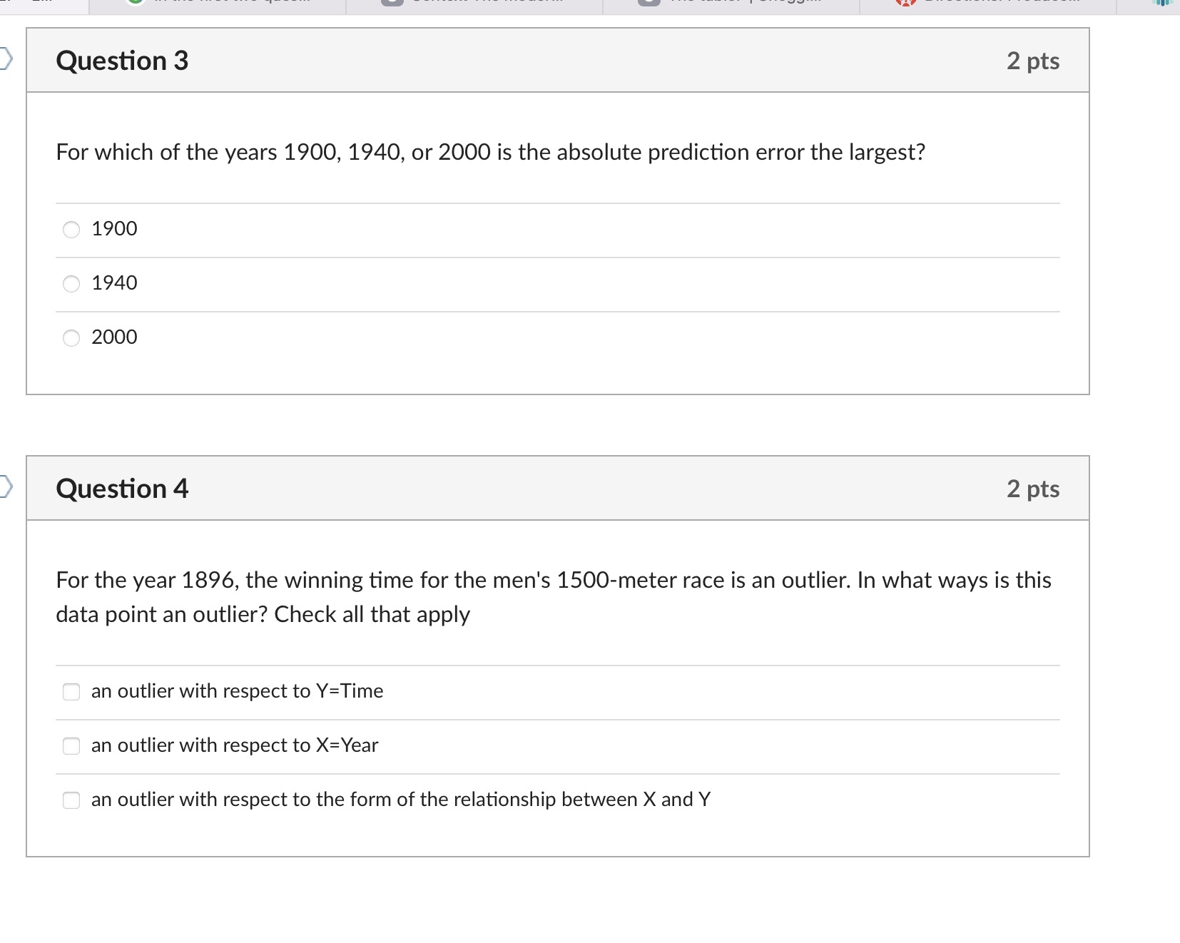 For which of the years 1900,1940 , or 2000 is the absolute prediction error the largest?
\begin{tabular}{|l}
\hline 1900 \\
\