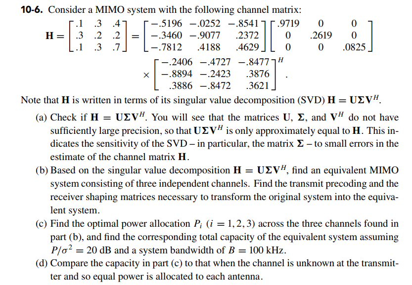 Solved 10-6. Consider A MIMO System With The Following | Chegg.com