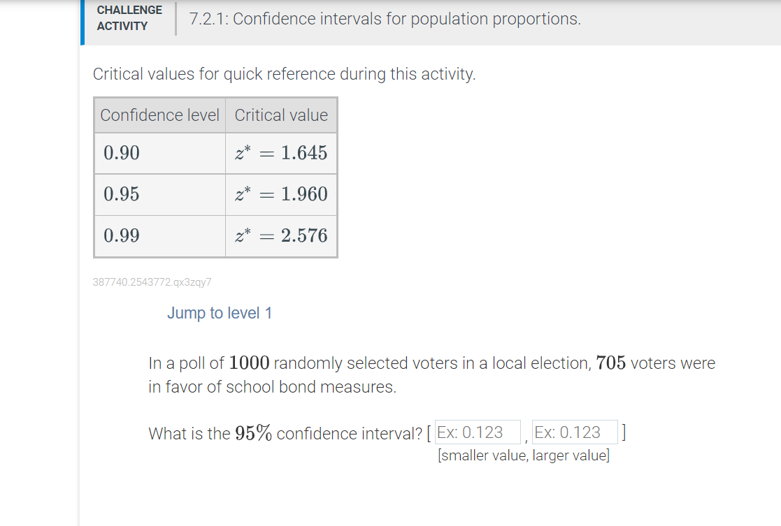 Solved CHALLENGE ACTIVITY 7.2.1: Confidence intervals for | Chegg.com