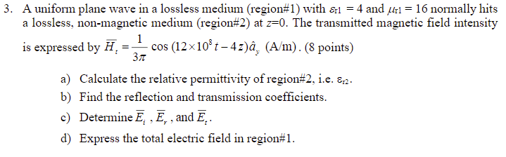 Solved 3. A uniform plane wave in a lossless medium | Chegg.com