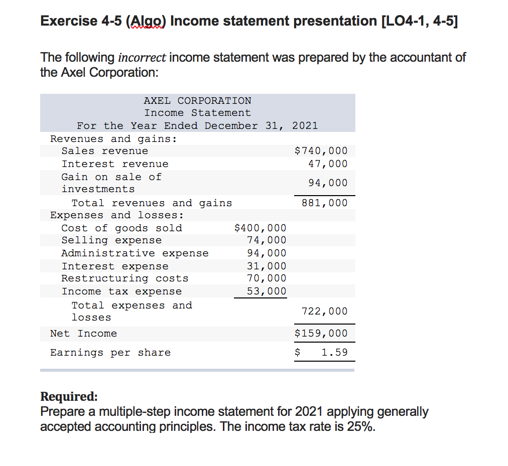 Solved Exercise 4 5 Algo Income Statement Presentation 5783