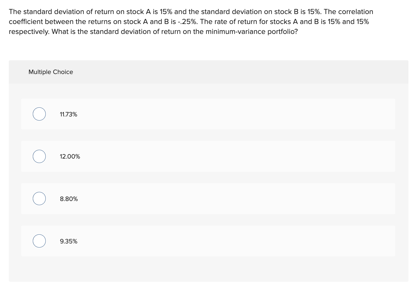 solved-the-standard-deviation-of-return-on-stock-a-is-15-chegg