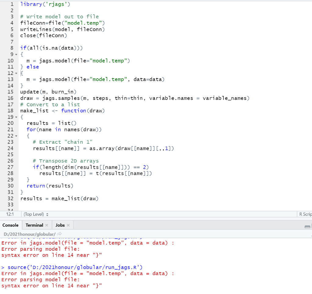Solved 1 library('rjags') 2 3 # Write model out to file 4 | Chegg.com