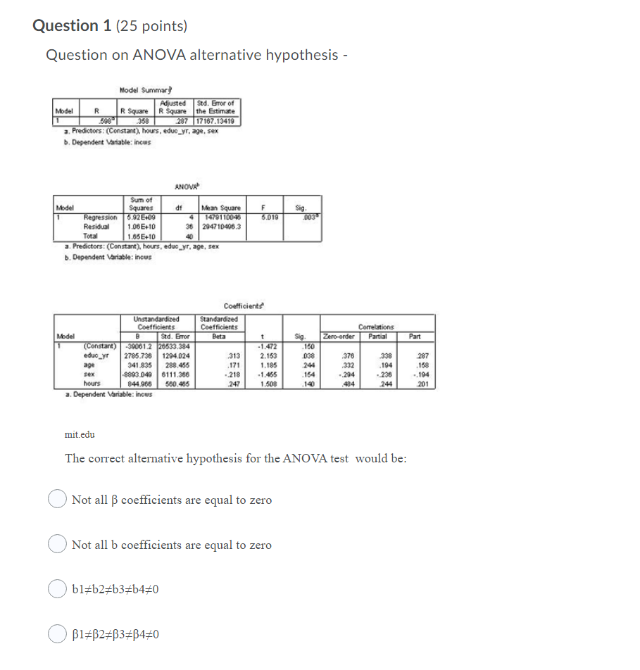 Solved Question 1 (25 points) Question on ANOVA alternative | Chegg.com