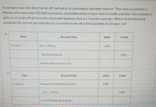 Solved A company uses the direct write off method of | Chegg.com