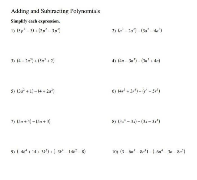 Solved Adding and Subtracting Polynomials Simplify each | Chegg.com