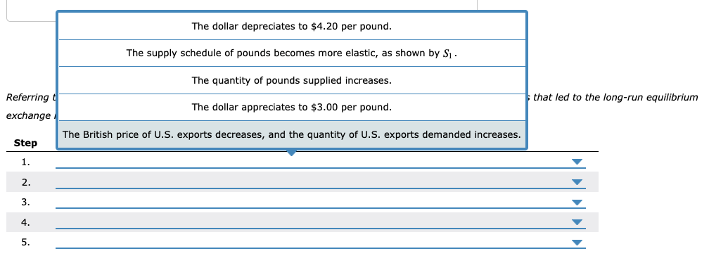 Referring t
exchange
Step
1.
2.
3.
4.
5.
The dollar depreciates to $4.20 per pound.
The supply schedule of pounds becomes mor