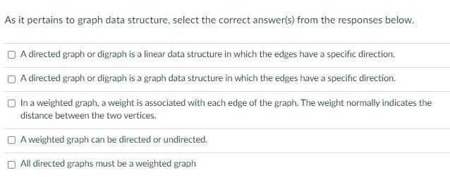 Solved As it pertains to graph data structure, select the | Chegg.com
