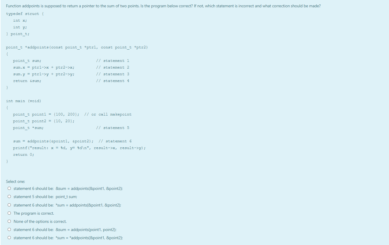 Solved Function addpoints is supposed to return a pointer to | Chegg.com