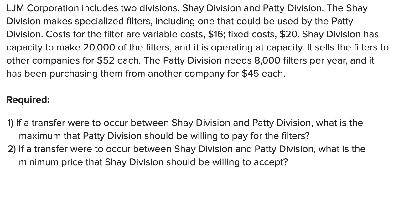Solved LJM Corporation includes two divisions, Shay Division | Chegg.com