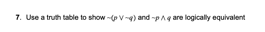 Solved 7. Use a truth table to show ∼(p∨∼q) and ∼p∧q are | Chegg.com