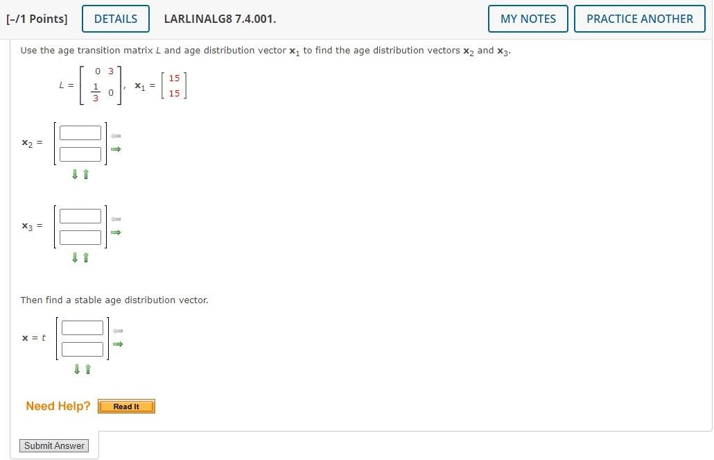 Solved [-/1 Points] DETAILS LARLINALG8 7.4.001. MY NOTES | Chegg.com