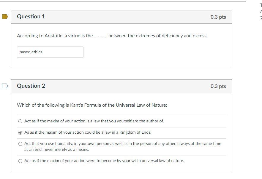Solved Question 1 0.3 pts According to Aristotle, a virtue | Chegg.com