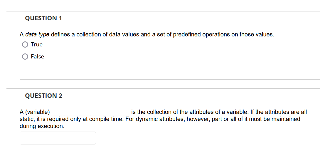 Solved A data type defines a collection of data values and a | Chegg.com