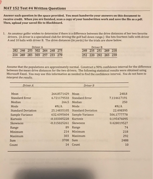 Solved MAT 152 Test #4 written Questions Answer each | Chegg.com