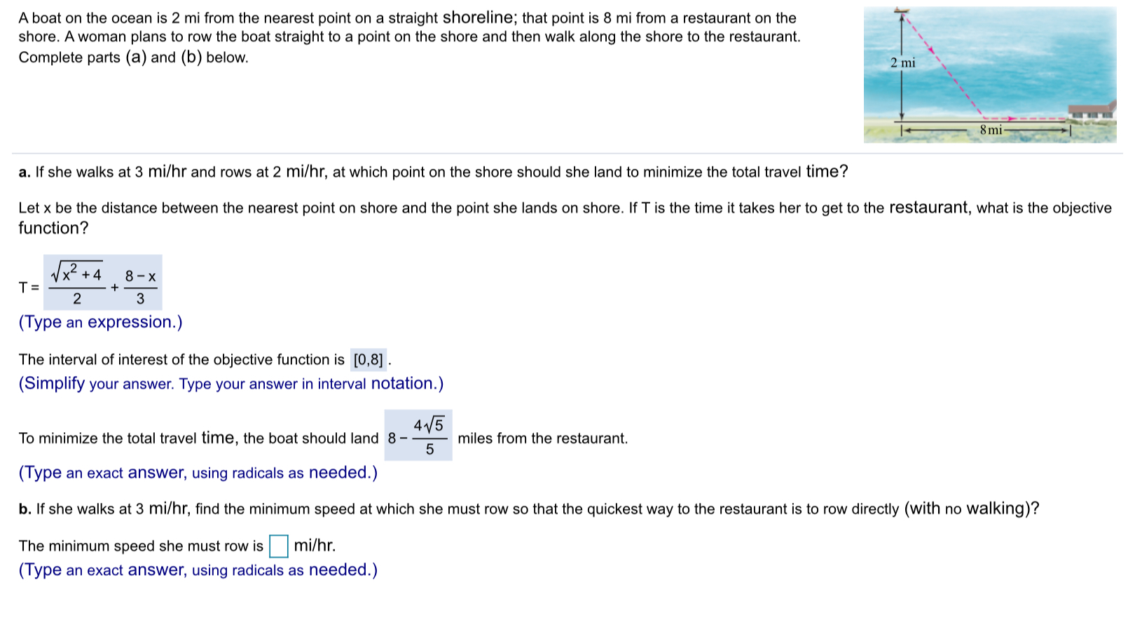 Solved A boat on the ocean is 2 mi from the nearest point on