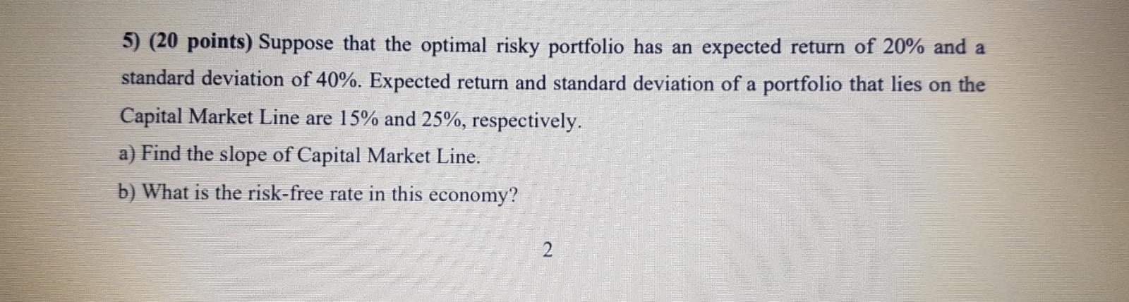 Solved 5) (20 Points) Suppose That The Optimal Risky | Chegg.com