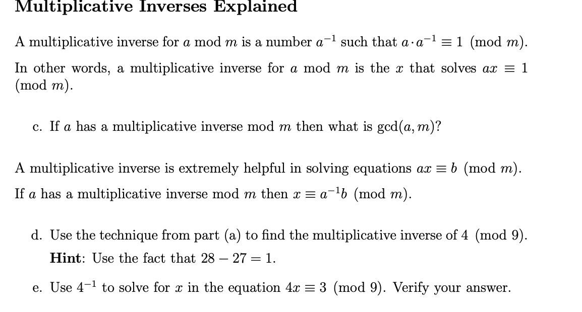 Solved Multiplicative Inverses Explained A Multiplicative Chegg Com