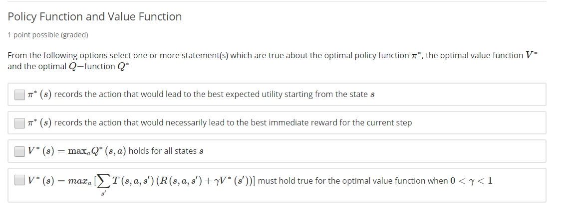 Policy Function and Value Function 1 point possible | Chegg.com