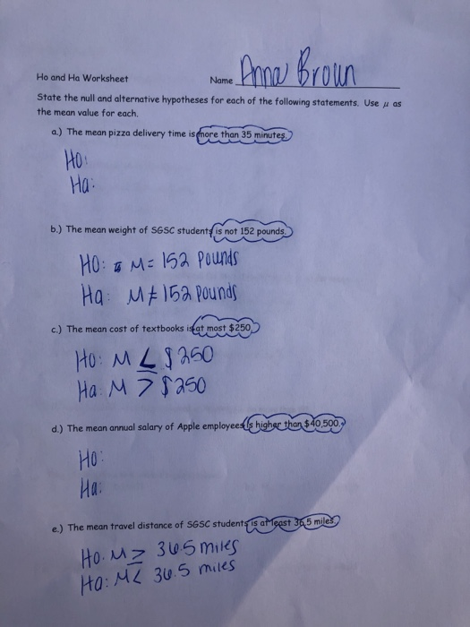 Solved Ho and Ha Worksheet Name State the null and | Chegg.com