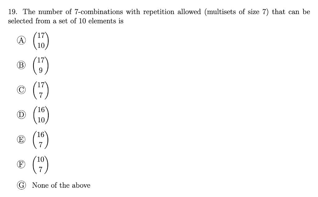 Solved 19. The number of 7-combinations with repetition | Chegg.com