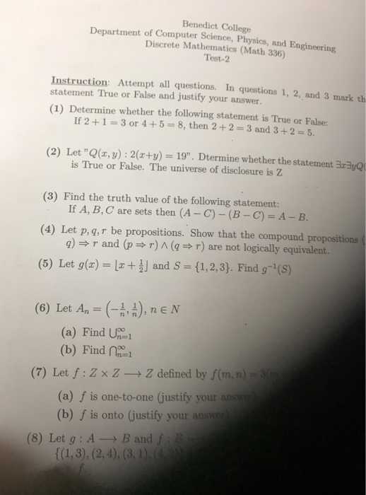Solved Benedict College Department of Computer Science, | Chegg.com