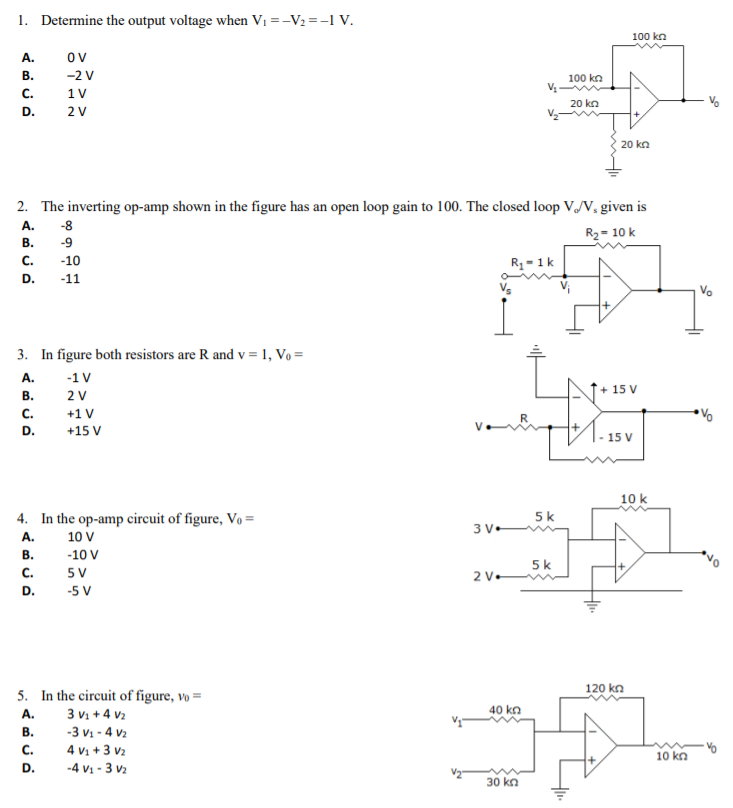 Solved 1. Determine the output voltage when Vi = -V2 =-1 V. | Chegg.com