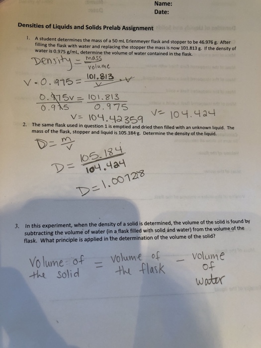 Solved Name Date Densities of Liquids and Solids Prelab